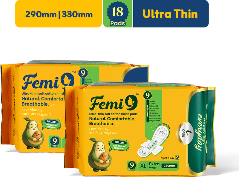 Femi9 Sanitary Pads Combo|290(L)+330mm(XL) | Zero Leak | Heavy Flow | Stay Dry & Fresh Sanitary Pad(Pack of 18)