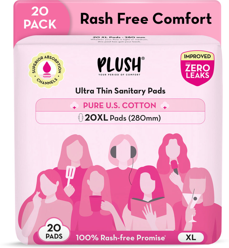PLUSH 100% Pure U.S. Cotton Rash Free, Heavy Flow (20 XL Pads - 280mm) Sanitary Pad(Pack of 20)