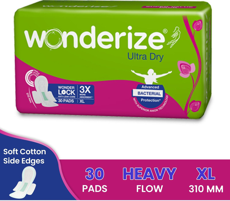 Wonderize Ultra Dry XL Sanitary Napkins For Women - 30 Pads - With advanced bacterial protection - Super Soft Side Edges For Rash Free Periods Sanitary Pad