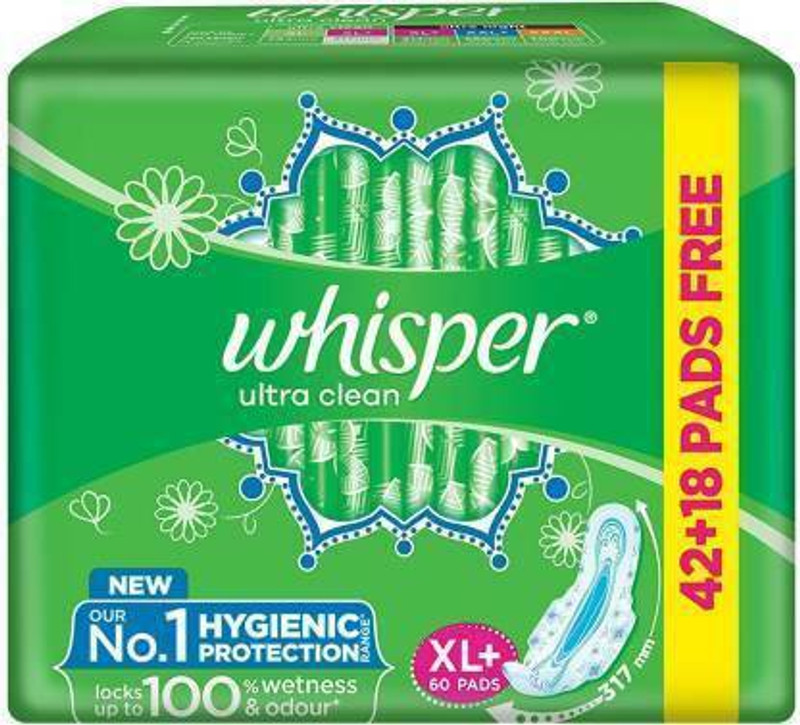 Whisper Ultra Clean sanitary pad xl+(pack of 60) Sanitary Pad (Pack of 60)