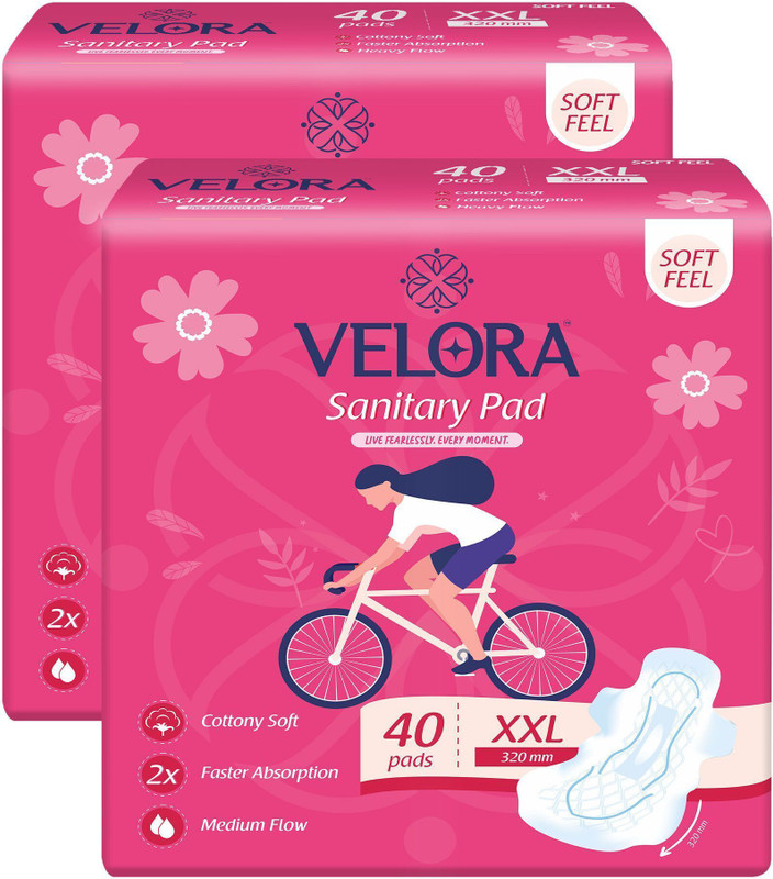 VELORA Soft, Trifold, Leak-Free for Heavy Flow, Day & Night, 320mm, XXL Size, Pack of 2 Sanitary Pad(Pack of 80)
