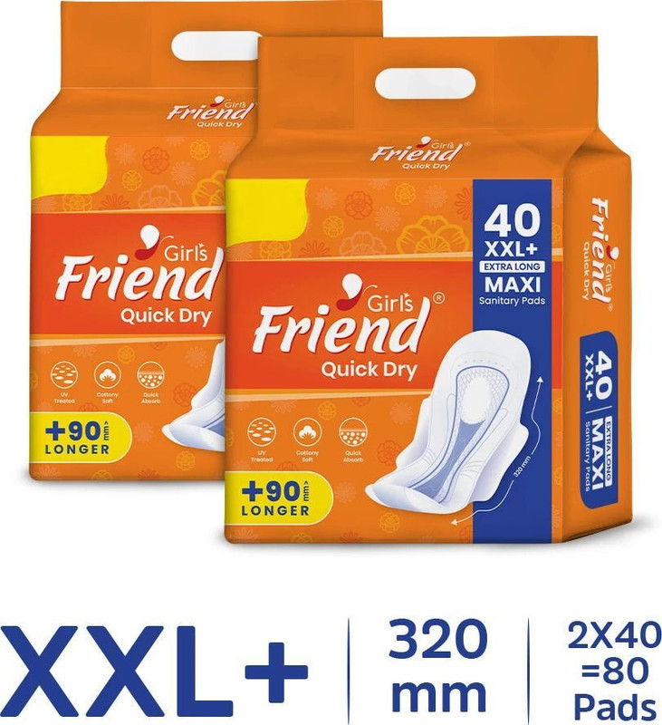 Girl's Friend Quick Dry Maxi Pads XXL+ Cottony Soft All Day & Night Comfort, Extra Long Sanitary Pad(Pack of 80)