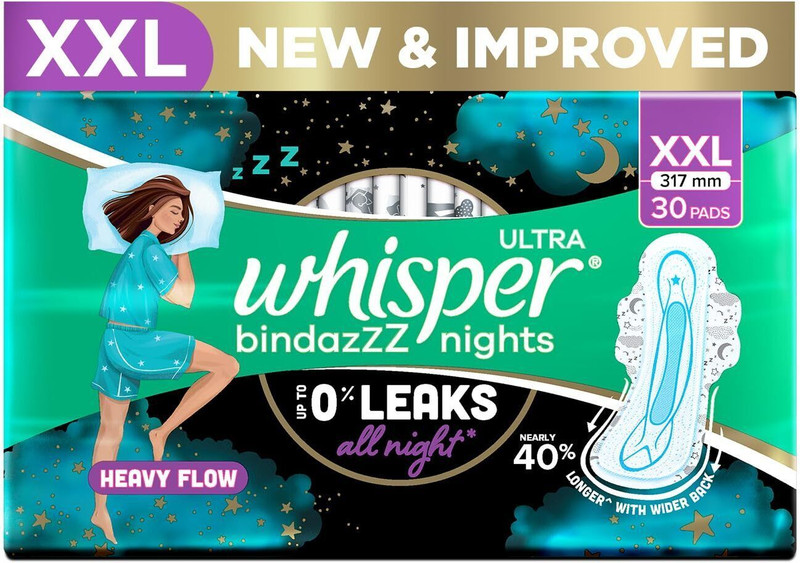 Whisper bindazzZ nights XXL 30 Pads, 317mm UPTO 0% Leaks Sanitary Pad