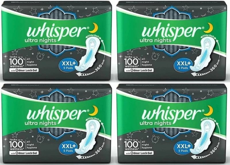Whisper Ultra Nights Sanitary Pads, XXl+ Pack of( 5+5+5+5) Sanitary Pad (Pack of 4)