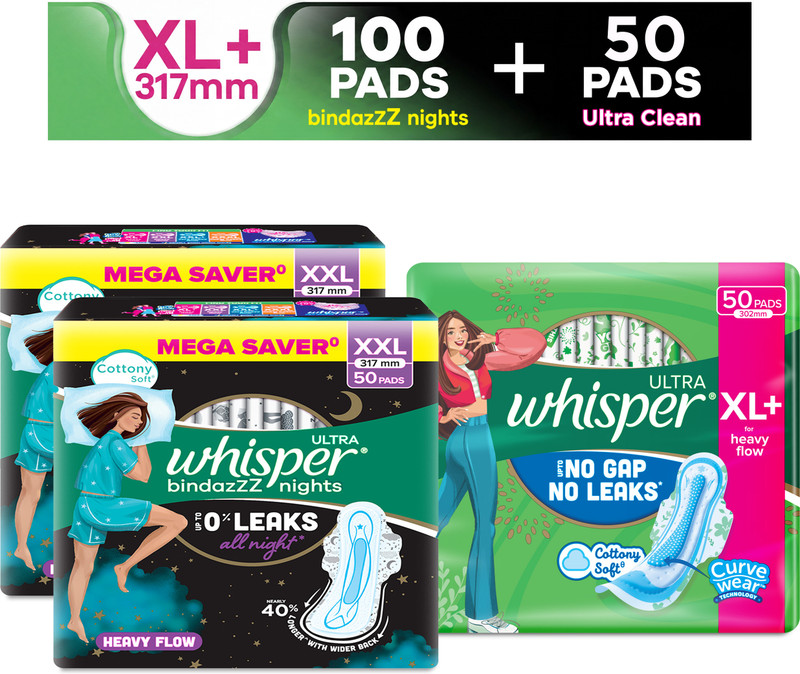 Whisper Bindazzz Nights, Upto 0% Leaks All Night Long Sanitary Pad(Pack of 150)
