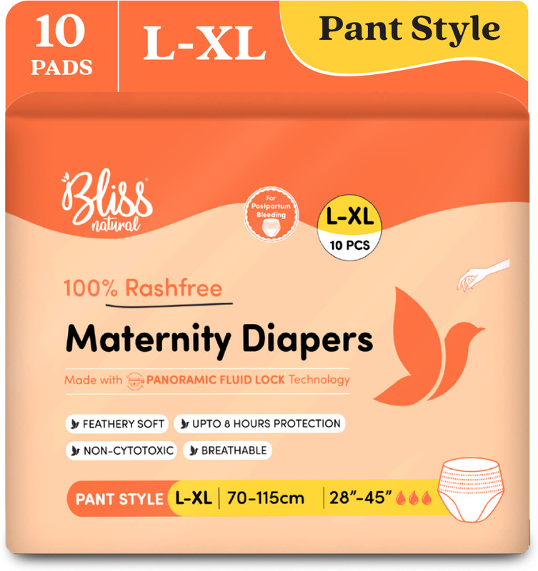 BlissNatural Maternity Diapers Pull-Up Pants | (L-XL) 28-45 Inch | 100% Rash Free Protection Sanitary Pad(Pack of 10)