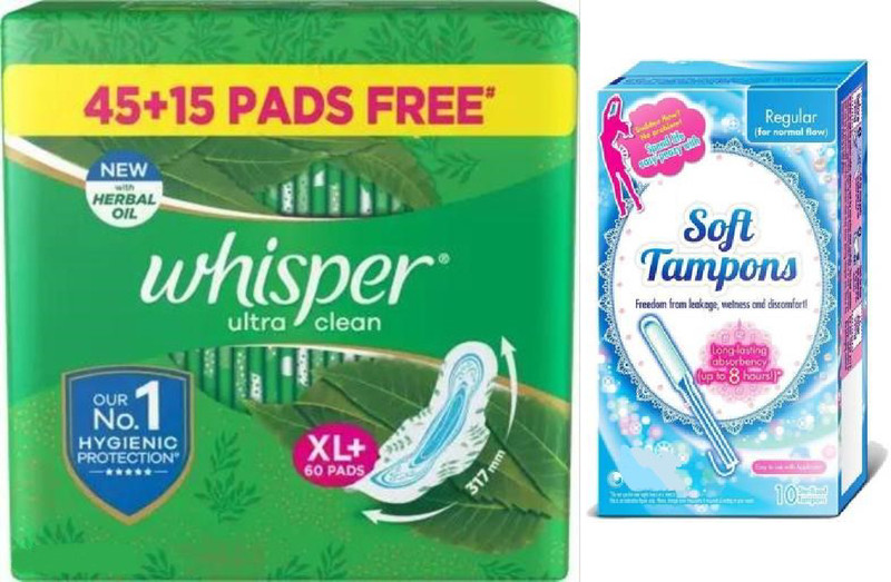 Whisper Ultra Clean Sanitary Pads XL+ (Pack of 60)/ Regular Tampons/Tampons Sanitary Pad (Pack of 60)