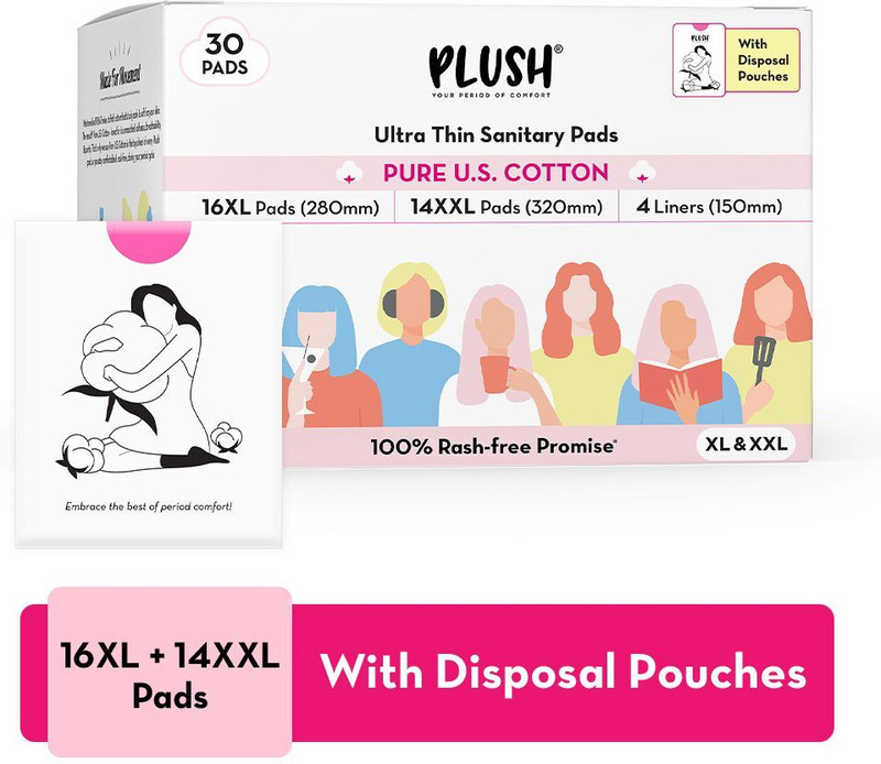 PLUSH 100% Pure U.S Cotton with biodegrabdable disposable pouches,(16XL and 14XXL) Sanitary Pad(Pack of 30)