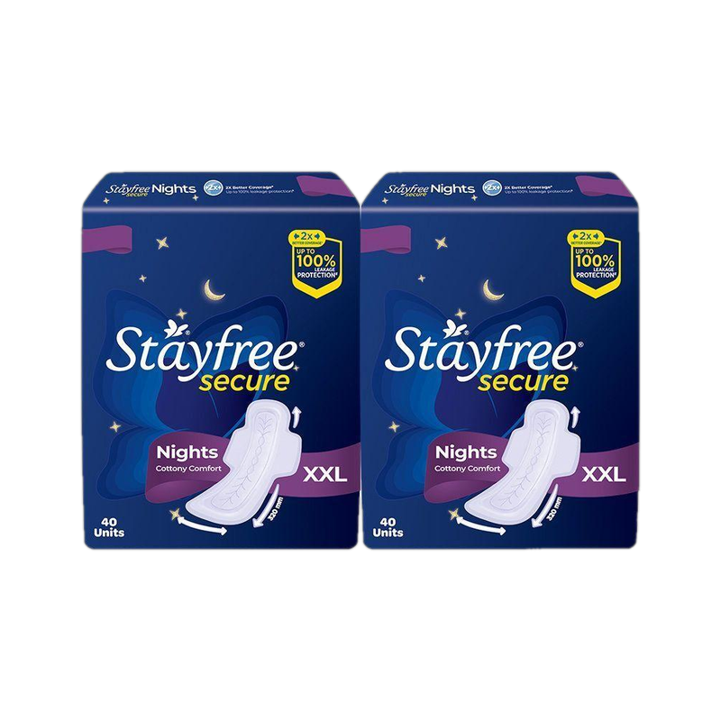 STAYFREE Secure Nights Cottony Comfort XXL 40| Upto 100% leakage protection| Odor Control Sanitary Pad(Pack of 80)