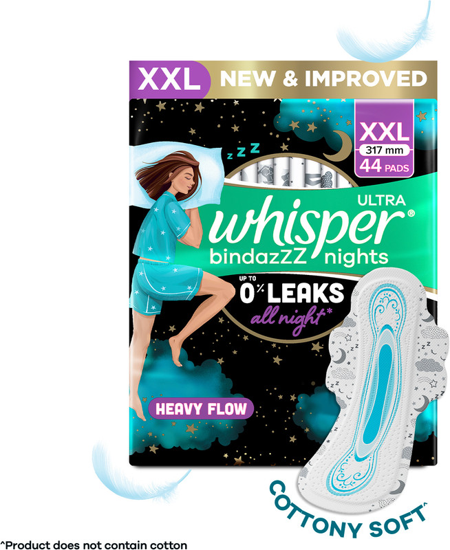 Whisper Bindazzz Night Heavy Flow XXL Sanitary Pads - Pack Of 40+4 Sanitary Pad(Pack of 44)