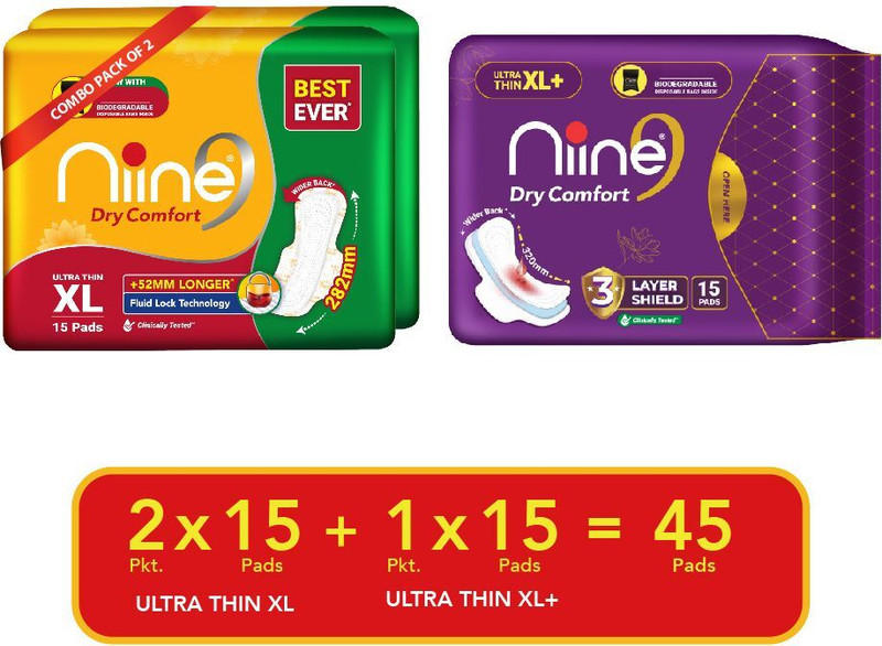 niine Dry Comfort Ultra Thin Super Saver with Disposable Bags, Leak-Proof Protection Sanitary Pad(Pack of 60)