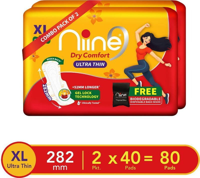 niine Dry Comfort Ultra Thin XL Lock Gel Technology Disposable Bag Inside, Combo of 2 Sanitary Pad(Pack of 80)