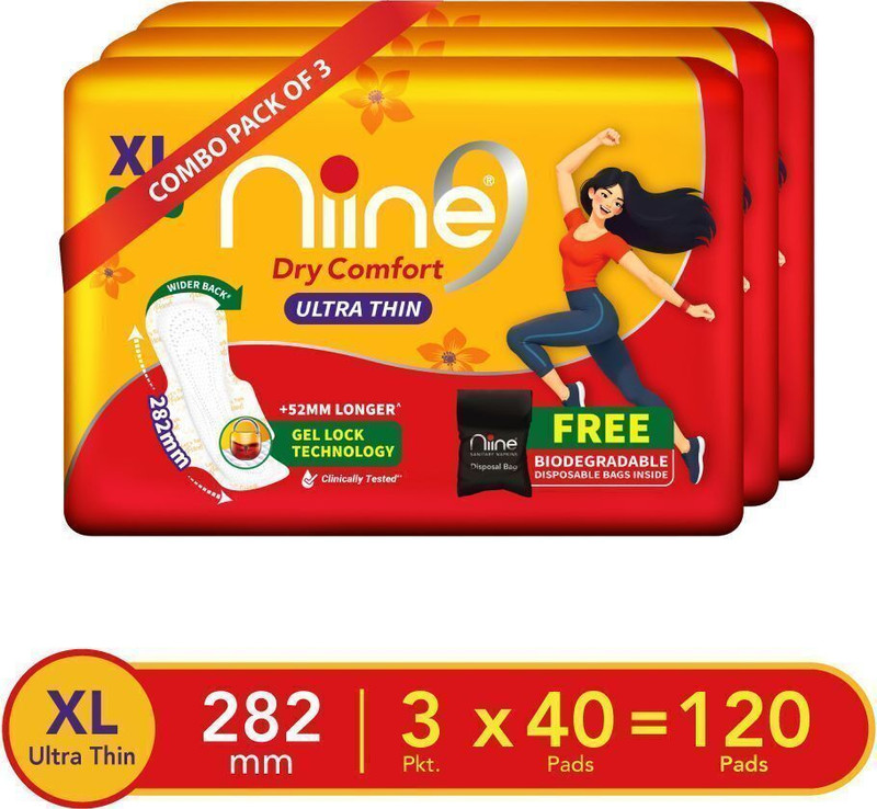niine Dry Comfort Ultra Thin XL | Fluid Lock Gel Technology & Disposable Bags Inside Sanitary Pad(Pack of 40)