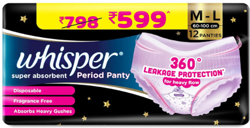 Whisper Super Absorbent Period Panty, M-L, 360 Degree Leakage Protection Sanitary Pad(Pack of 12)
