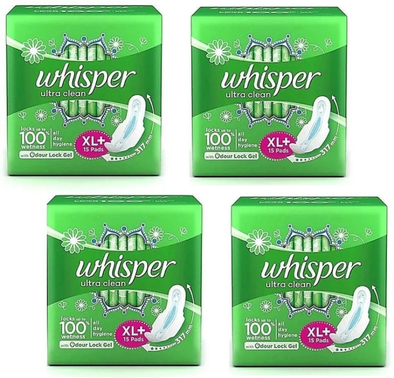 Whisper Ultra Clean Sanitary Pads For Women, X-Large +, Pack of 15+15+15+15 Napkin Sanitary Pad (Pack of 4)