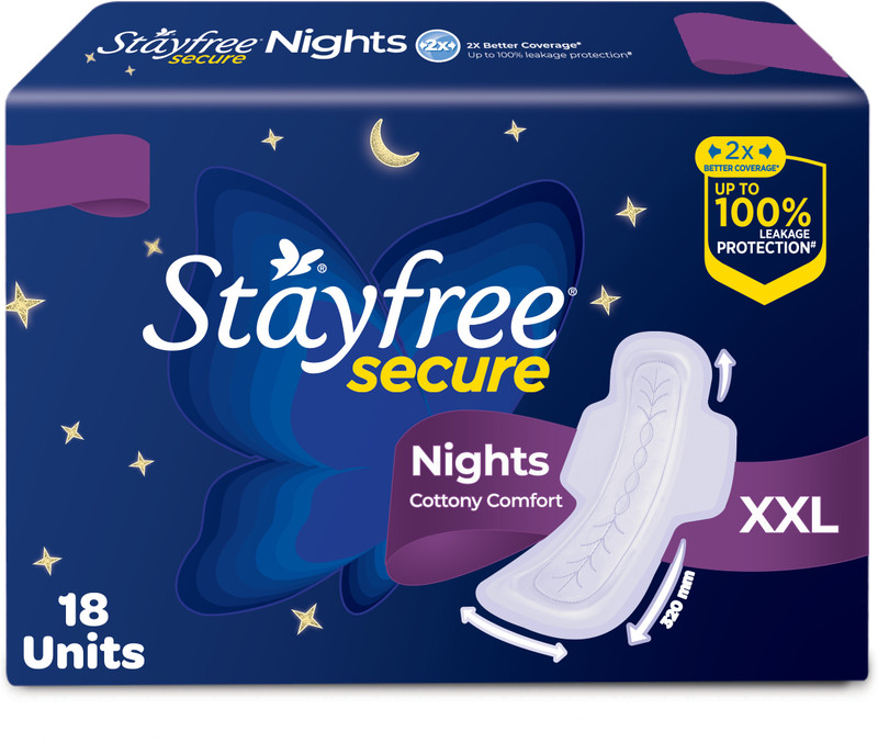 STAYFREE Secure Nights|Cottony Comfort|Upto 100% leakage protection|Odour Control Sanitary Pad(Pack of 18)