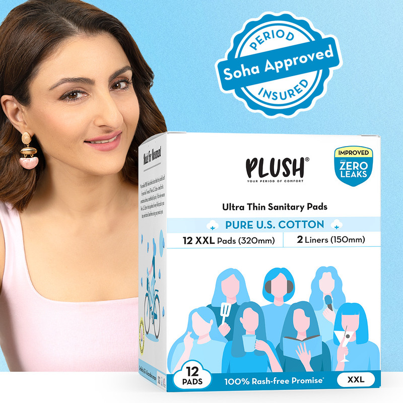 PLUSH 100% Pure U.S Cotton Ultra Thin 12 XXL pads (320 mm) and 2 Liners(150mm) Sanitary Pad(Pack of 12)