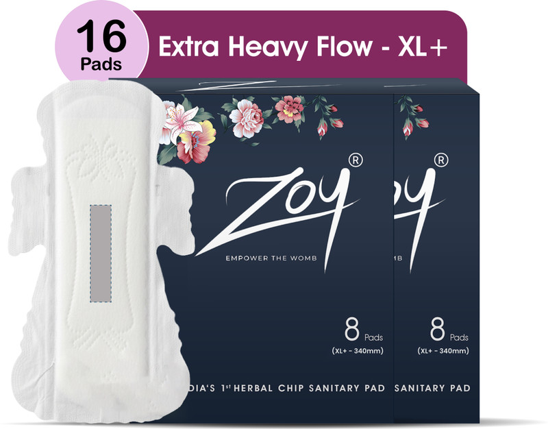 Zoy Herbal Sanitary Pad| Natural Care| High Absorption| Size - XL+, Heavy Flow,340mm Sanitary Pad(Pack of 16)