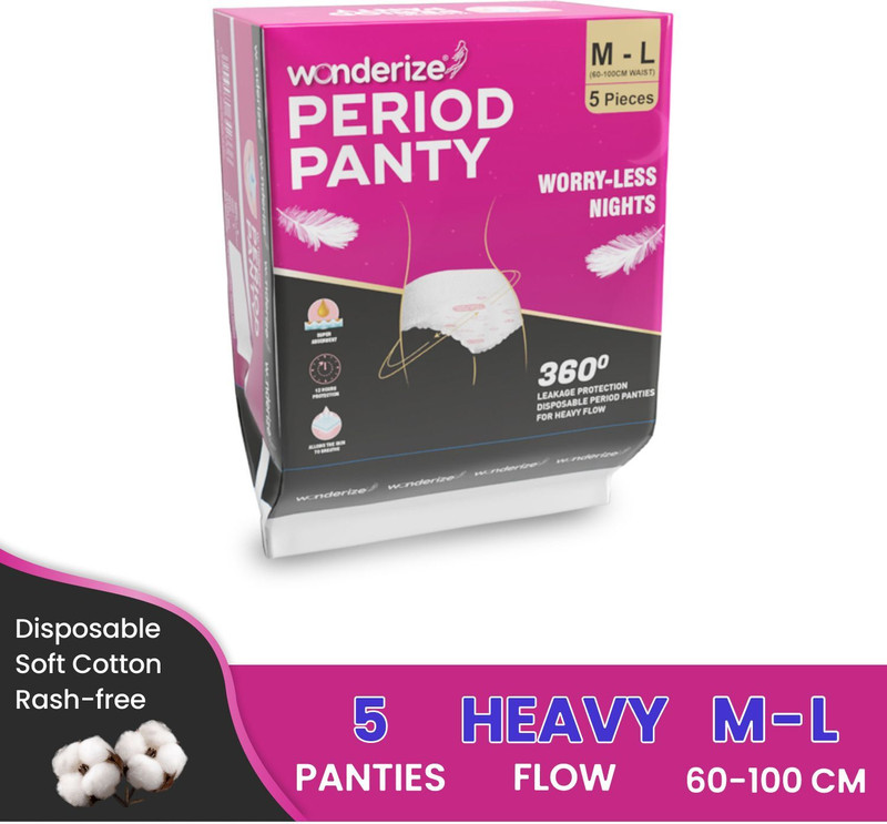 Wonderize Super Absorbent Overnight Period Panty Anti-Leak Cuffs, Heavy Flow, Disposable Sanitary Pad(Pack of 5)