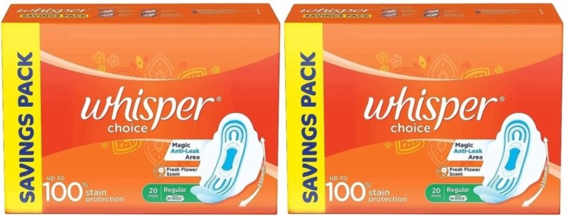 Whisper Choice Sanitary Regular Pads for Women, Regular, 20+20 Napkin Sanitary Pad  (Pack of 40)