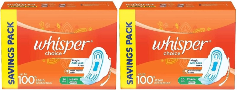 Whisper Choice Sanitary Regular Pads for Women, Regular, 20+20 Napkin Sanitary Pad (Pack of 40)