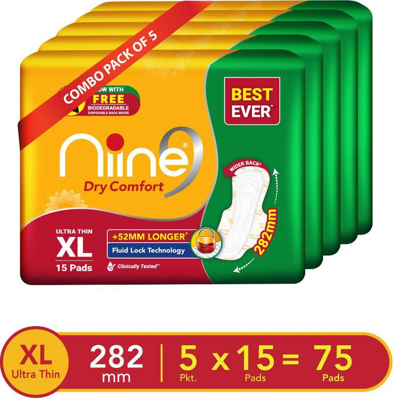 niine Dry Comfort Ultra Thin Super Saver with Disposable Bags, Leak-Proof Protection Sanitary Pad(Pack of 60)