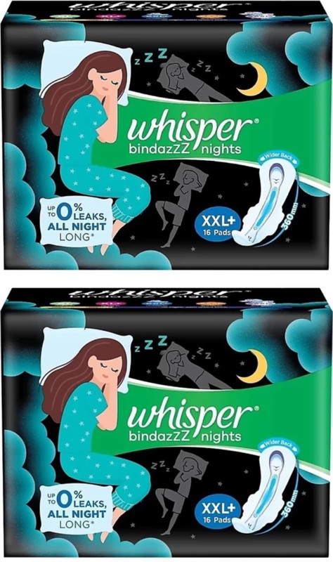 Whisper Bindazzz Nights Koala Soft Sanitary Pads, XX-Large+ Pack of 16+16 Napkin Sanitary Pad (Pack of 32)