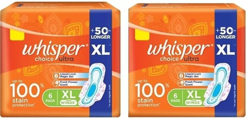 Whisper Choice Ultra Sanitary Pads for Women, XL, Pack of 6+6 Napkin Sanitary Pad  (Pack of 12)