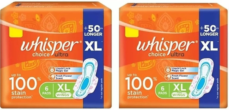 Whisper Choice Ultra Sanitary Pads for Women, XL, Pack of 6+6 Napkin Sanitary Pad (Pack of 12)
