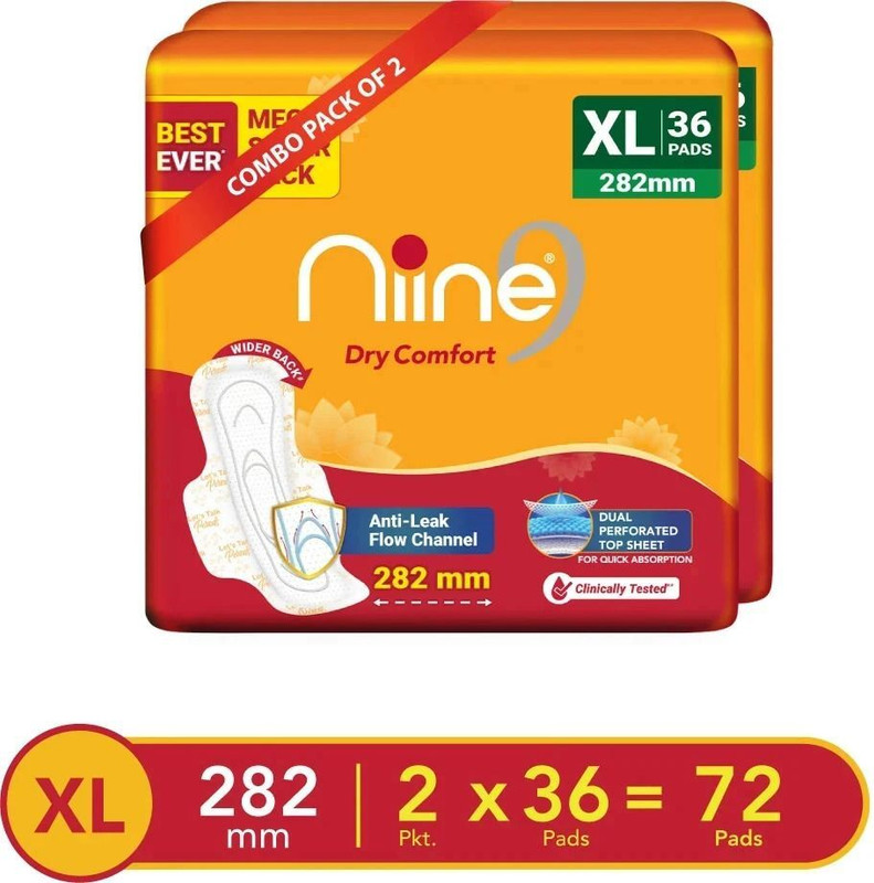niine Dry Comfort Extra Long Sanitary Pads, Anti Leak Flow Channel (Combo of 2) Sanitary Pad(Pack of 72)