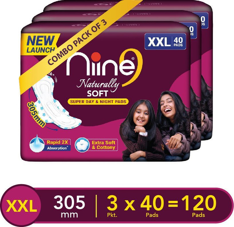 niine Naturally Soft XXL|305 mm|Wider Wings |Super Absorbent Day & Night Protection Sanitary Pad(Pack of 40)
