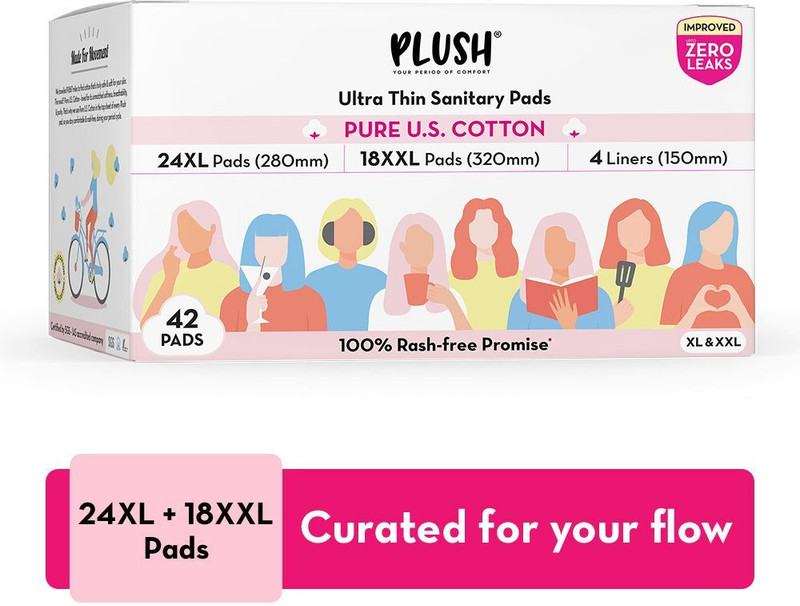 PLUSH Ultra Thin Sanitary Pads 100% US Cotton Rash-free | 24XL +18XXL + 4 Liners Sanitary Pad(Pack of 42)
