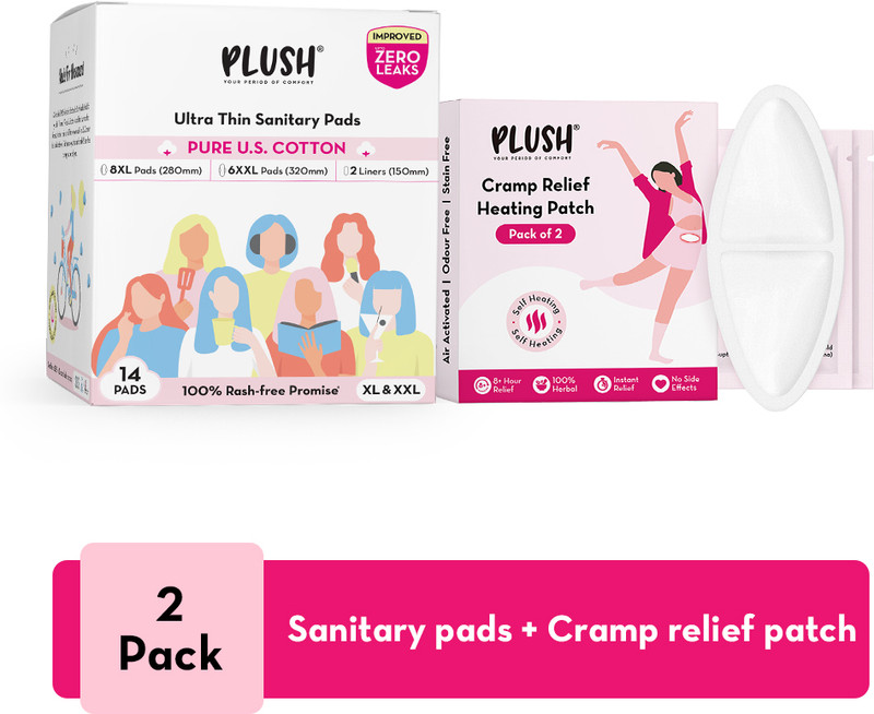 PLUSH Ultra thin Sanitary pad (pack of 14 ) & cramp relief patch combo Sanitary Pad(Pack of 18)