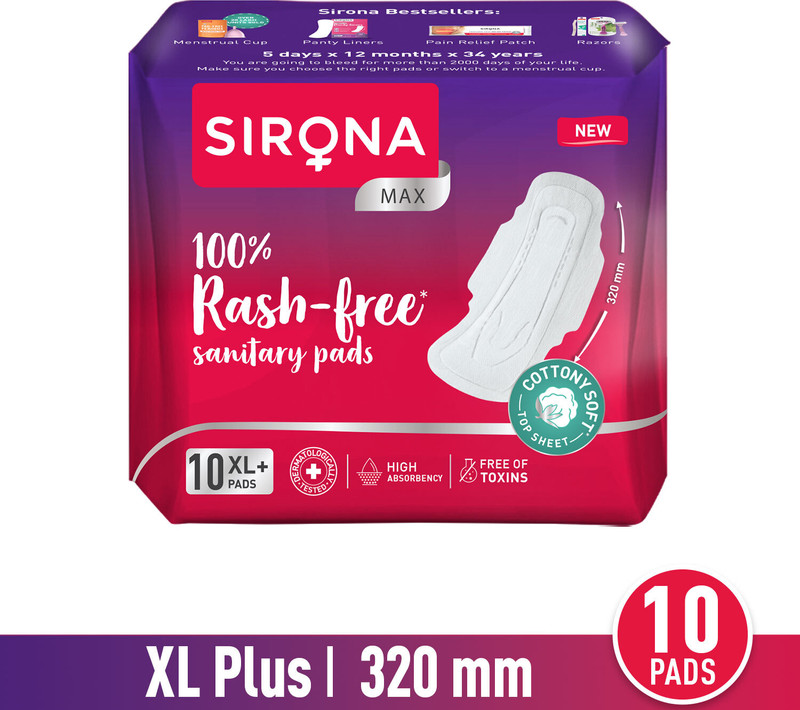 SIRONA Cottony Ultra Soft Rash Free Sanitary Pads for Women (XL+ Size) Sanitary Pad(Pack of 10)