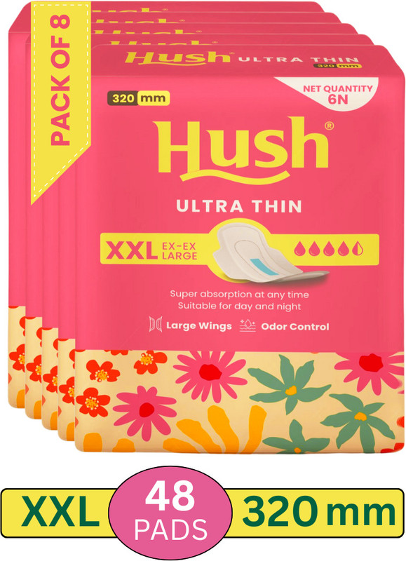 Hush Ultra Thin Soft & Rash Free | Leakage Protection | XXL Sanitary Pad(Pack of 48)