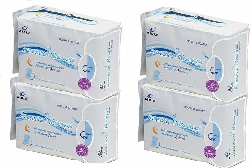 AIRIZ Active Oxygen & Negative Ion Soft-Cotton Sanitary Pads For Night Use, Pack Of 4 (32 Pieces) Sanitary Pad(Pack of 4)