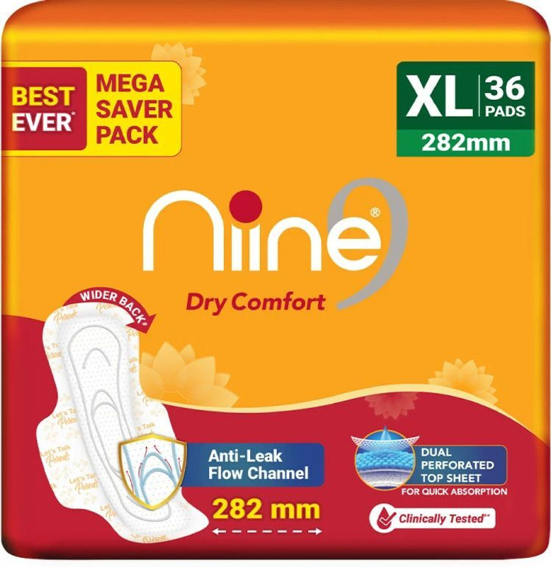 niine Dry Comfort Extra Long Sanitary Pads, Anti Leak Flow Channel (Combo of 1) Sanitary Pad(Pack of 36)