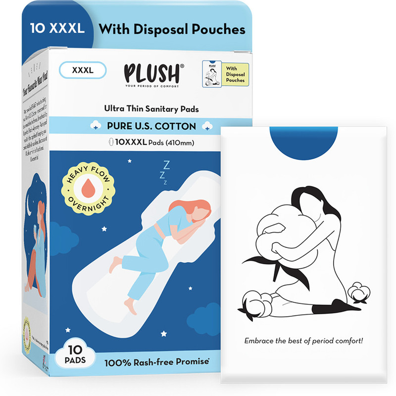 PLUSH XXXL U.S.Cotton Sanitary pads with individual biodegradable pouches- 410mm Sanitary Pad(Pack of 10)