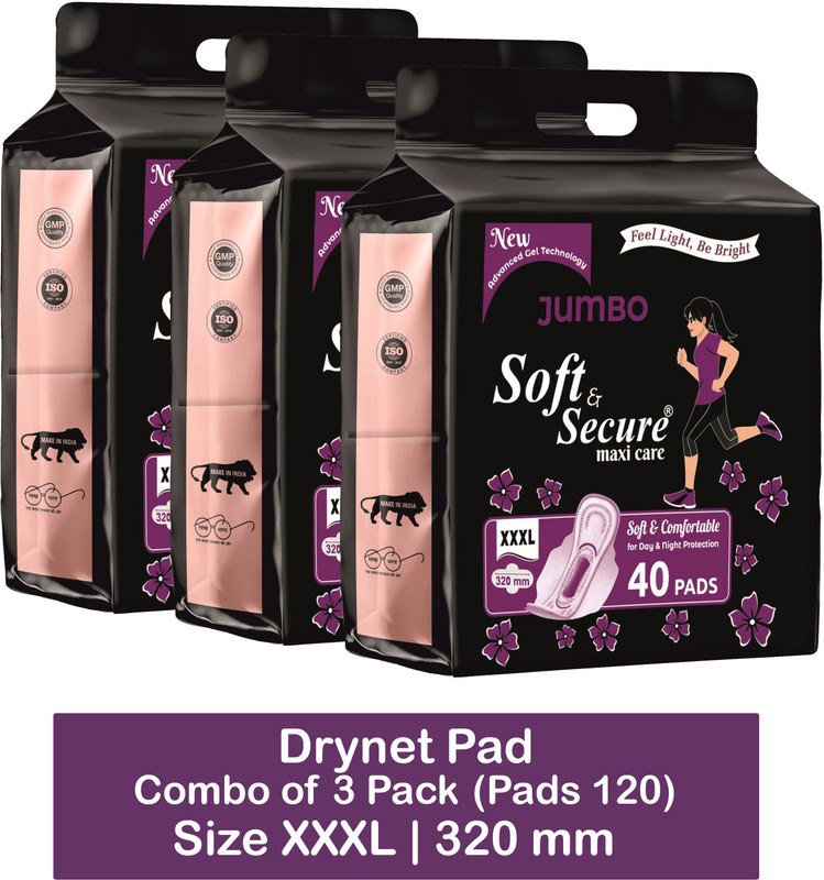 soft & secure Dry Soft With Extra Gel Overnight Sanitary Pads Pack 3 (120 Pads) Sanitary Pad(Pack of 3)