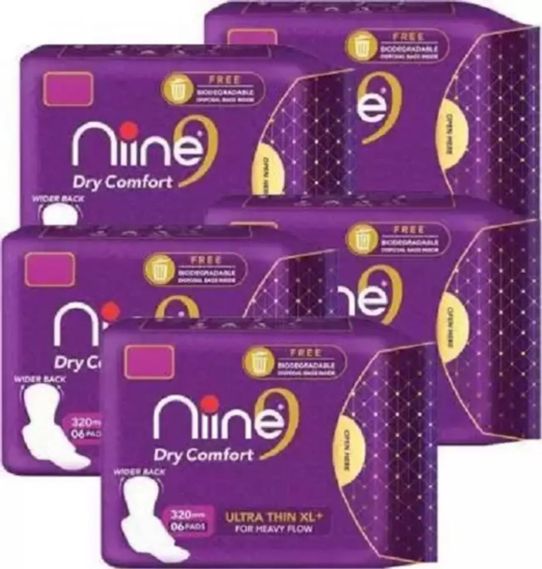 nine Dry Comfort Ultra Thin XL+ Sanitary Napkins for heavy flow pack of 5 (36 pads ) Sanitary Pad(Pack of 36)