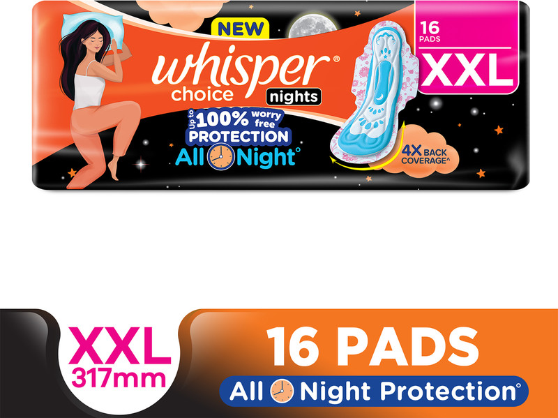 Whisper Choice Nights, 16 XXL Pads, with 4x Back Coverage^ Sanitary Pad(Pack of 16)