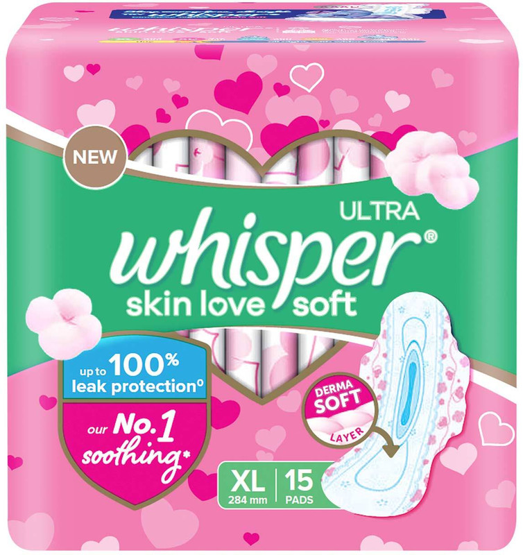 Whisper ULTRA SKIN LOVE SOFT XL+, COTTONY SOFT Sanitary Pad(Pack of 15)