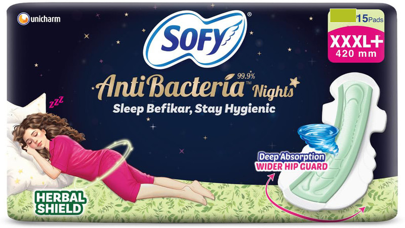 SOFY Women Anti Bacteria XXXL+ | Night Protection | Wider Hip Guard| Pack Of 15 Sanitary Pad(Pack of 15)