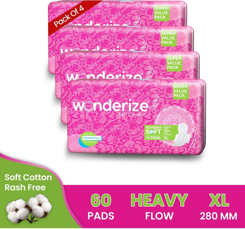 Wonderize Soft Comfort XL Sanitary Napkins - 60 Pads (Combo of 4) - With Disposable Pouch Sanitary Pad(Pack of 4)