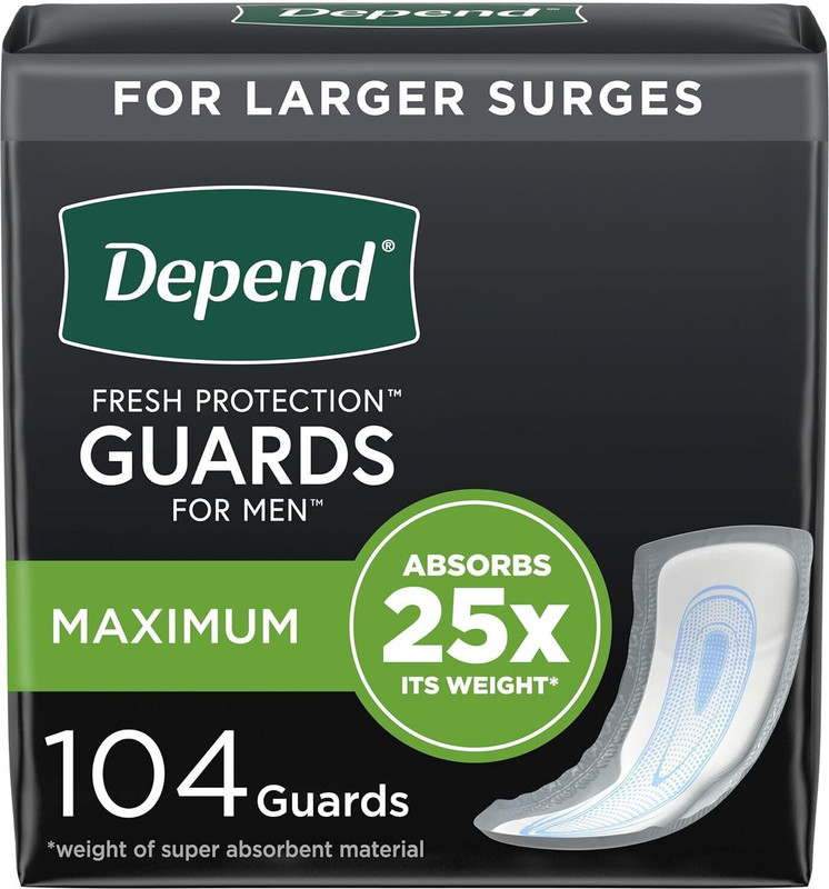 Depend Incontinence Guards for Men, Maximum Absorbency, 52 count, pack of 2 Pantyliner(Pack of 2)