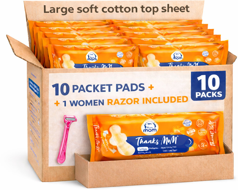 Thanks mom freedom LARGE 240 MM soft cotton pad whole sale combo of 10 pack + RAZOR -L Sanitary Pad(Pack of 10)