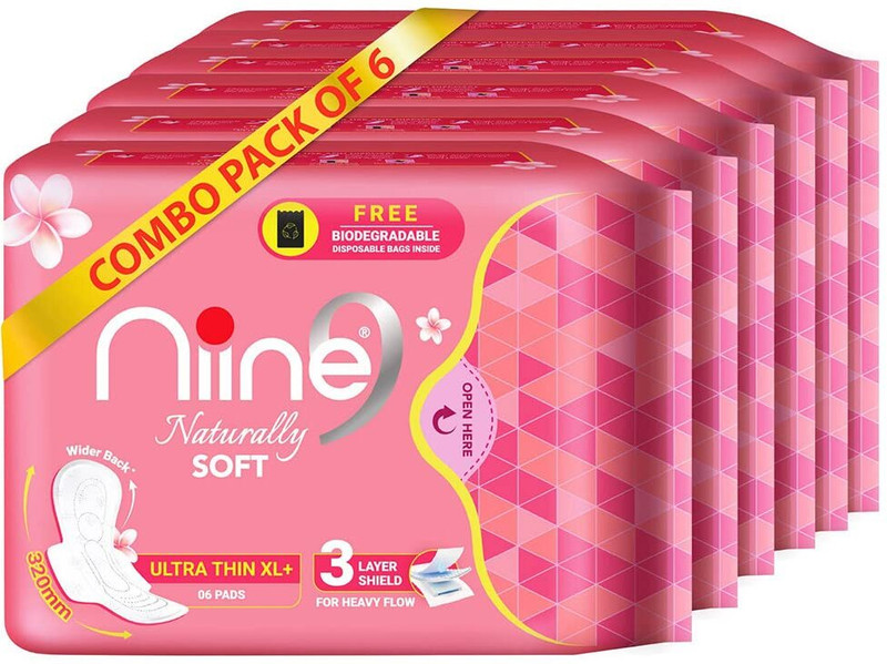 nine Naturally Soft Ultra XL+(Pack of 6) 36 Pads with Free Biodegradable Disposal Bag Sanitary Pad(Pack of 6)