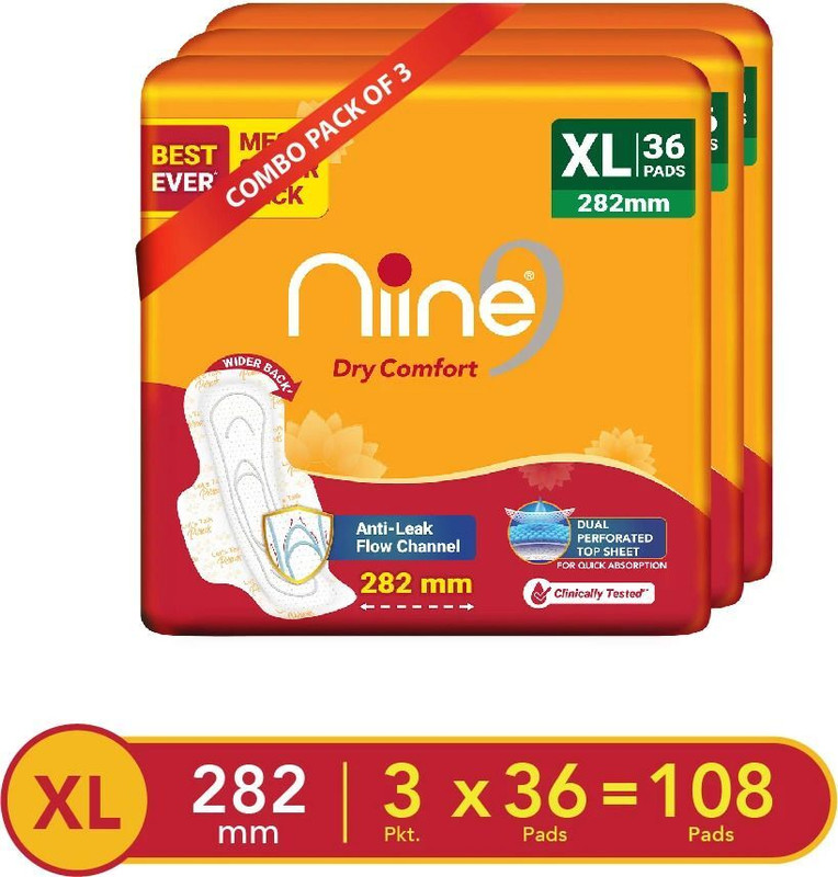 niine Dry Comfort Extra Long Sanitary Pads, Anti Leak Flow Channel (Combo of 3) Sanitary Pad(Pack of 108)