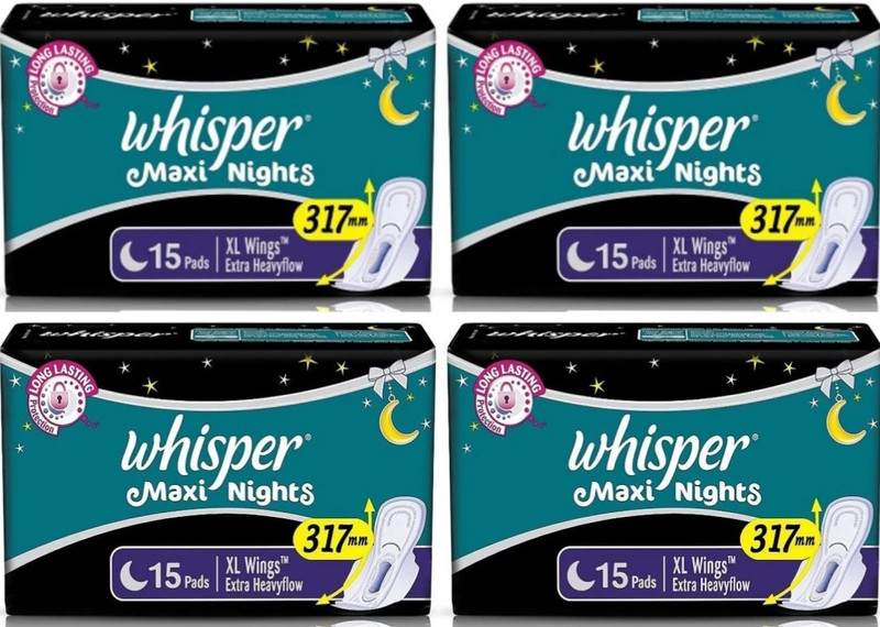 Whisper Maxi Nights Sanitary Pads, Xl (Pack of 15+15+15+15) Napkin Sanitary Pad (Pack of 60)