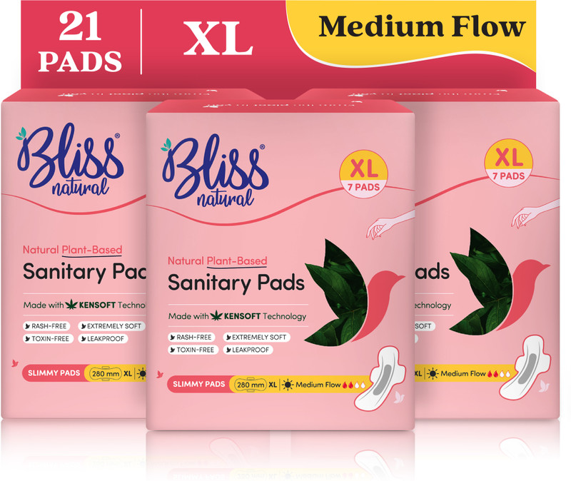 BlissNatural Organic Ultra Thin XL Size For Medium Flow | Plant-Based Sanitary Pad(Pack of 21)
